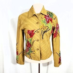 Anage Tan Beaded Leaf Fitted Blazer Jacket